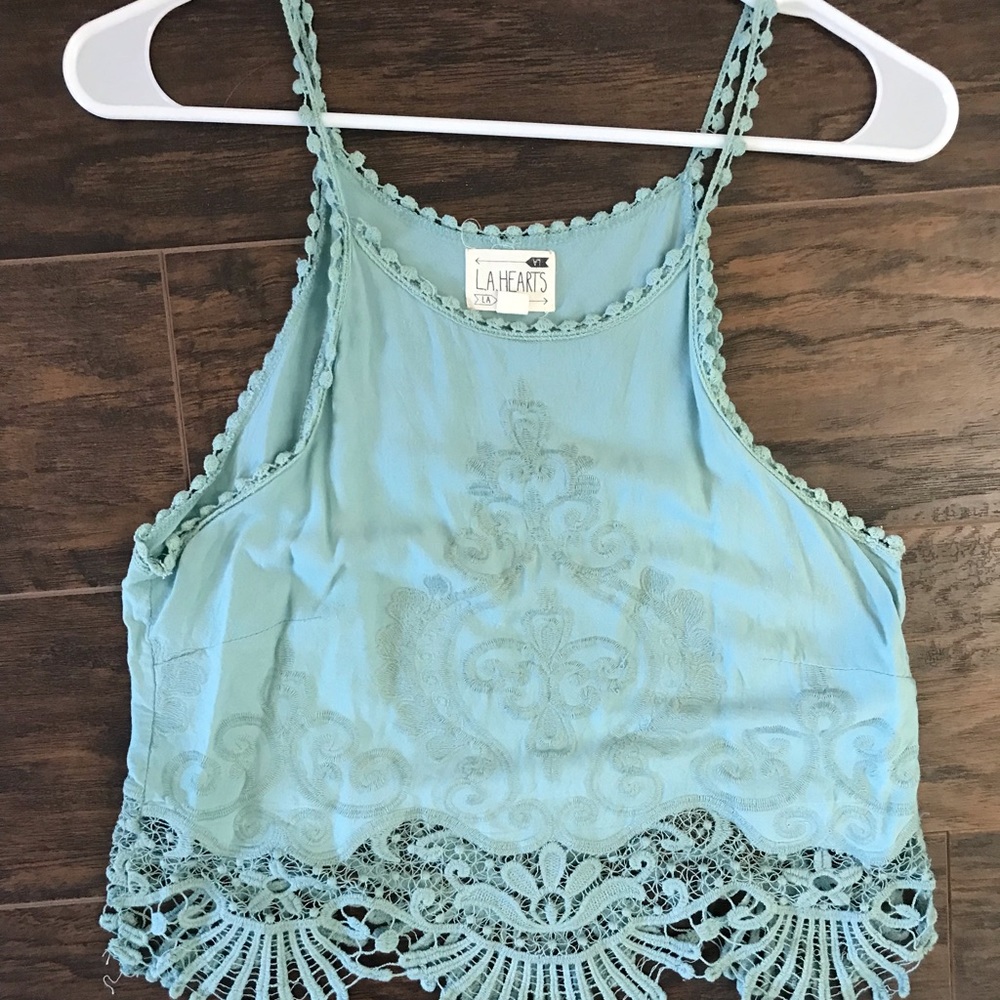 Turquoise blue crop top with scallop lace bottom